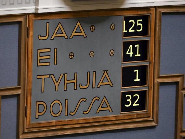 A board displays the results of a vote on a bill to reform the Finnish act on terminating pregnancy in the session hall of the Finnish Parliament on Wednesday, 26 October 2022.